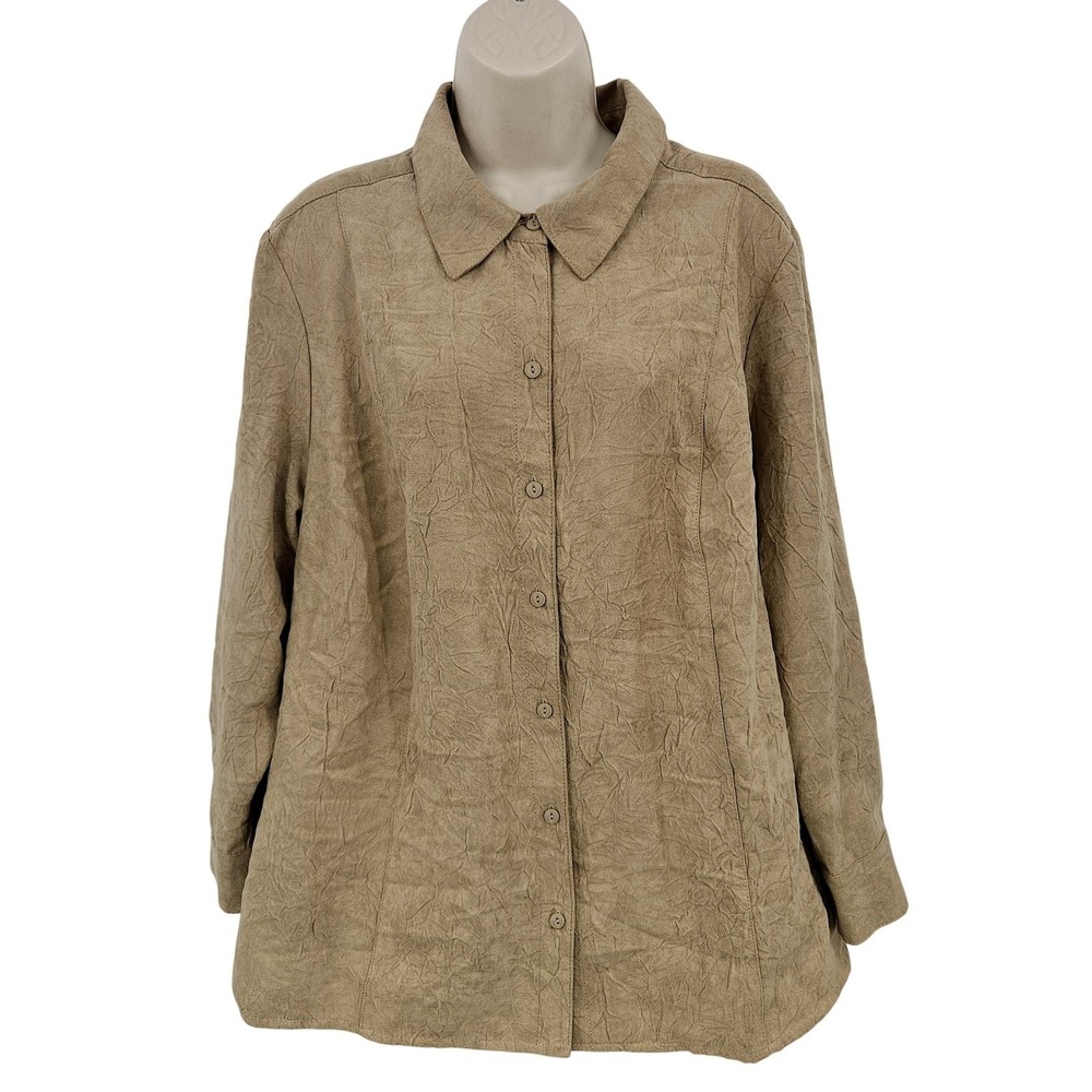 Catherines Shirt Women 1XWP Petite Beige Crinkle Textured Button Front Tunic Top